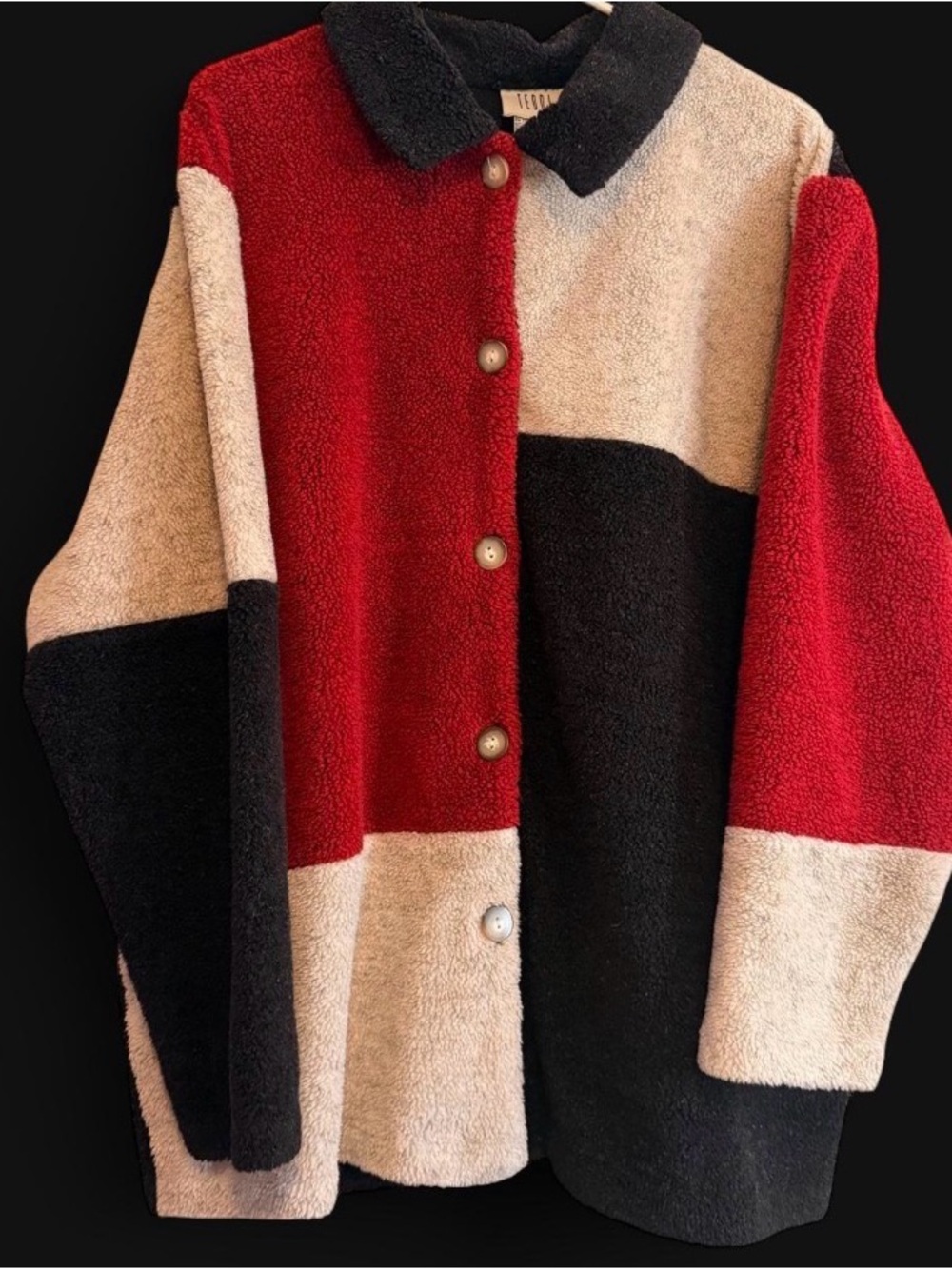 VTG 90s Teddi Colorblock Fleece Shacket Jacket Cozy Teddy Red Black Cream XL